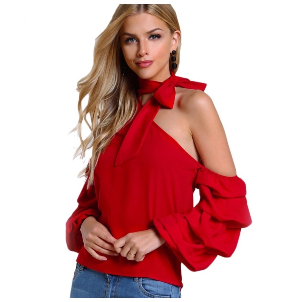 Red Ruffle One Shoulder Top - Picture 2 of 5